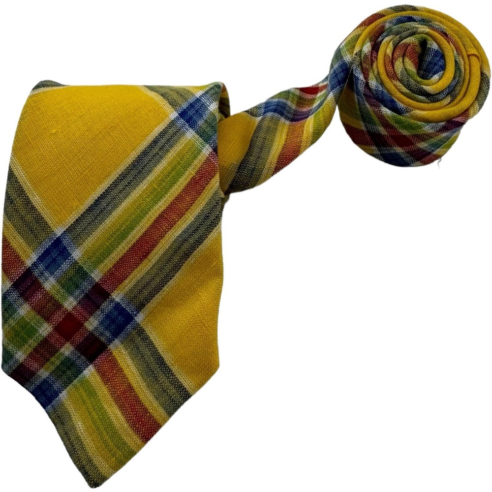 NWOT Gitman Bros Yellow‎ Blue Red & Green Plaid Linen Neck Tie Men Sz 2.5"W 59"L
